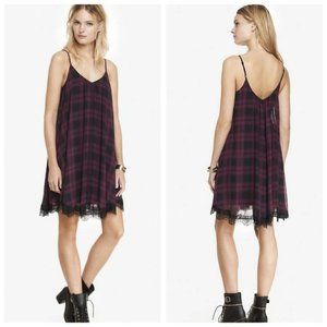 Express Plaid V-Neck Lace Trim Trapeze Dress Medium